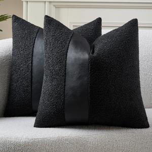 Pack of 2 Faux Leather Boucle Throw Pillow Covers 18"x18" Black Chic Accents Textured Square Decorative Pillow Cases for Living Room Couch Bed Farmhouse Boho Home Decor