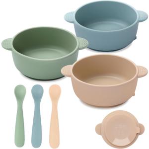 Eascrozn Baby Bowls with Suction and Baby Spoons Set of 3, Silicone Stay Put Bowls and Feeding Spoons for Babies Toddlers Kids, BPA Free,Microwave and Dishwasher Safe (Blue)