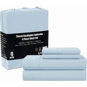 CHATEAU HOME COLLECTION 100% Tencel Sheet Set, Soft, Breathable 300 Thread Count Oeko-TEX Certified Queen Bed Sheets, Cooling Sheets, Fits Mattresses Upto 17"- Light Blue (Queen, Light Blue)