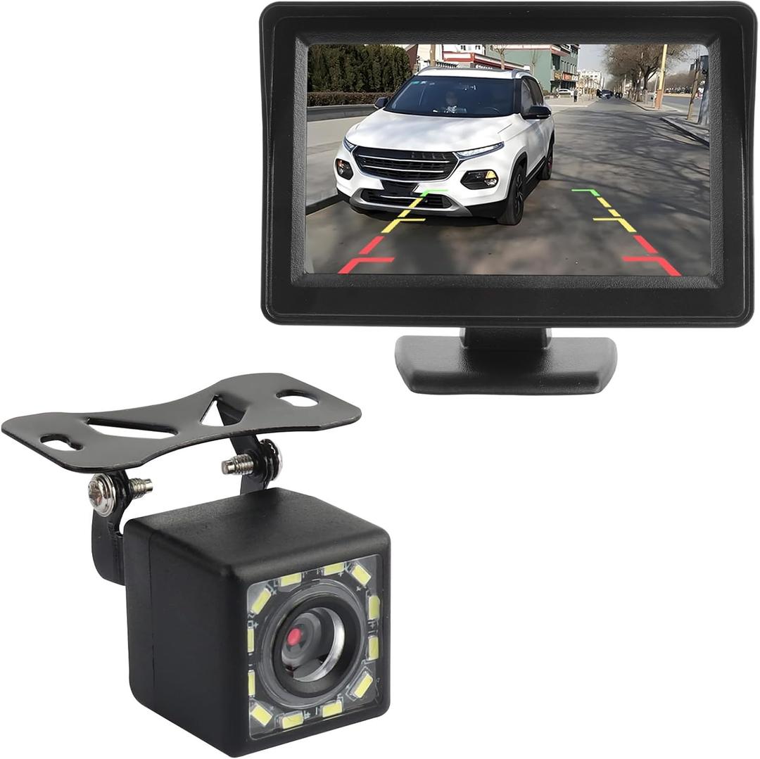Plug & Play Backup Camera with Monitor 4.6'',12 LED HD Rearview Mirror Camera for Night Vision,150 Wide Angle Universal Car Reverse Camera with Monitor System Fits 12V Cars SUVs