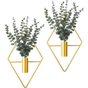 Jexine 4 Pcs Hanging Planters with Artificial Eucalyptus Metal Hanging Vase Indoor Plants Holder Modern Geometric Boho Bathroom Wall Decor for Living Room Home Office (Eucalyptus,Gold)