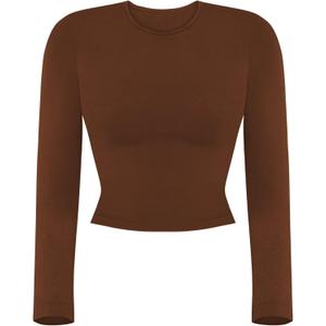 Sunzel Tight Long Sleeve Shirts for Women Slim Fit Tshirts Crew Neck Basic Tees Trendy Fitted Workout Going Out Tops (Brown, XS)