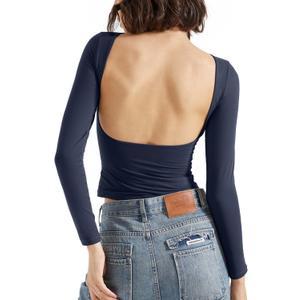SUUKSESS Women Backless Going Out Tops Double Lined Open Back Basic Long Sleeve (Medium, Navy)