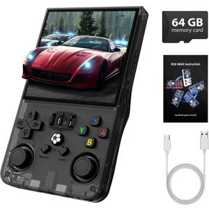 R36MAX Retro Handheld Game Console - 64GB Preloaded Classic Video Games, Support 30+ Simulators, Linux-Powered Portable Game Emulator Console with 4.0-in HD IPS Screen(Transparent Black)