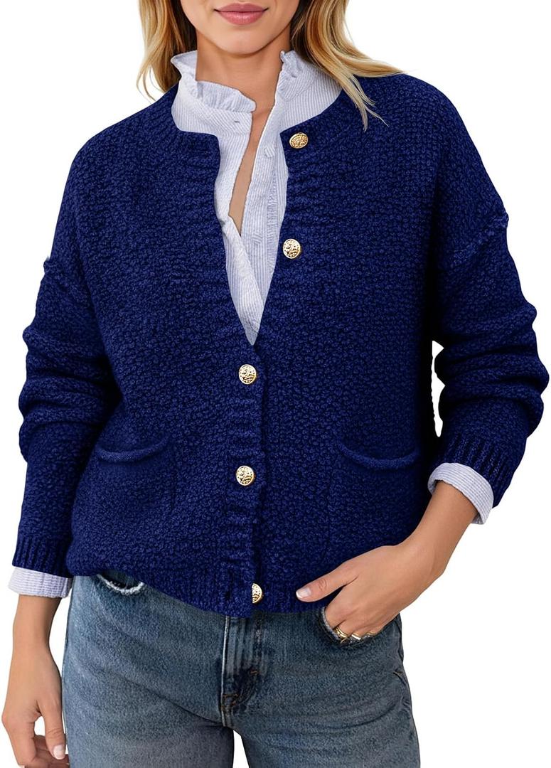 Saodimallsu Women's Chunky Knit Cardigan Button Down Crewneck Long Sleeve Cropped Sweater with Pockets (S)