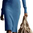 chouyatou Women's Fall Ribbed Knit Sweater Dress Button Up Polo Collar Long Sleeve Bodycon Midi Long Dresses (Blue, S)