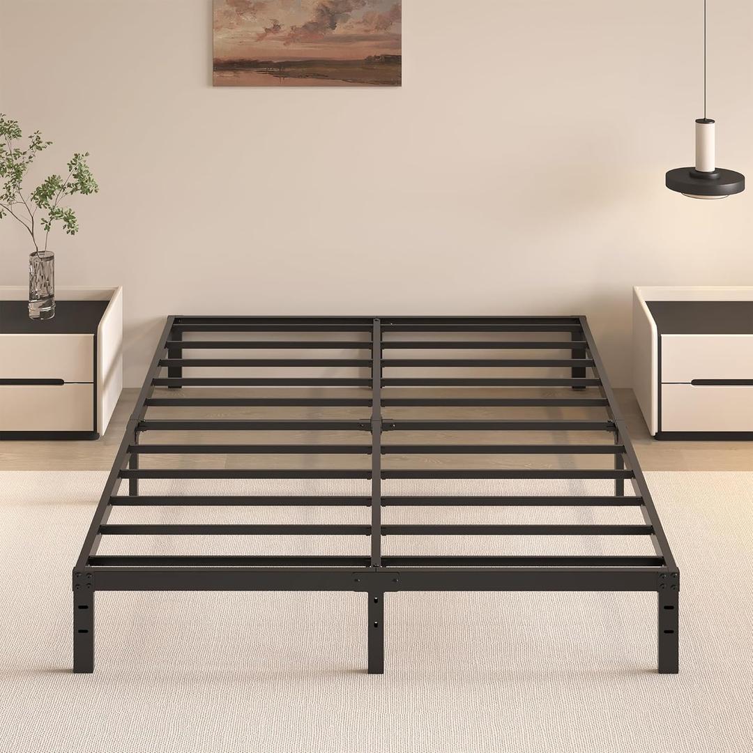 10 Inch Queen Size Bed Frame - No Box Spring Needed Heavy Duty Metal Platform Mattress Foundation with Steel Slats, Non-Slip Noise Free Easy Assembly Black Bedframes