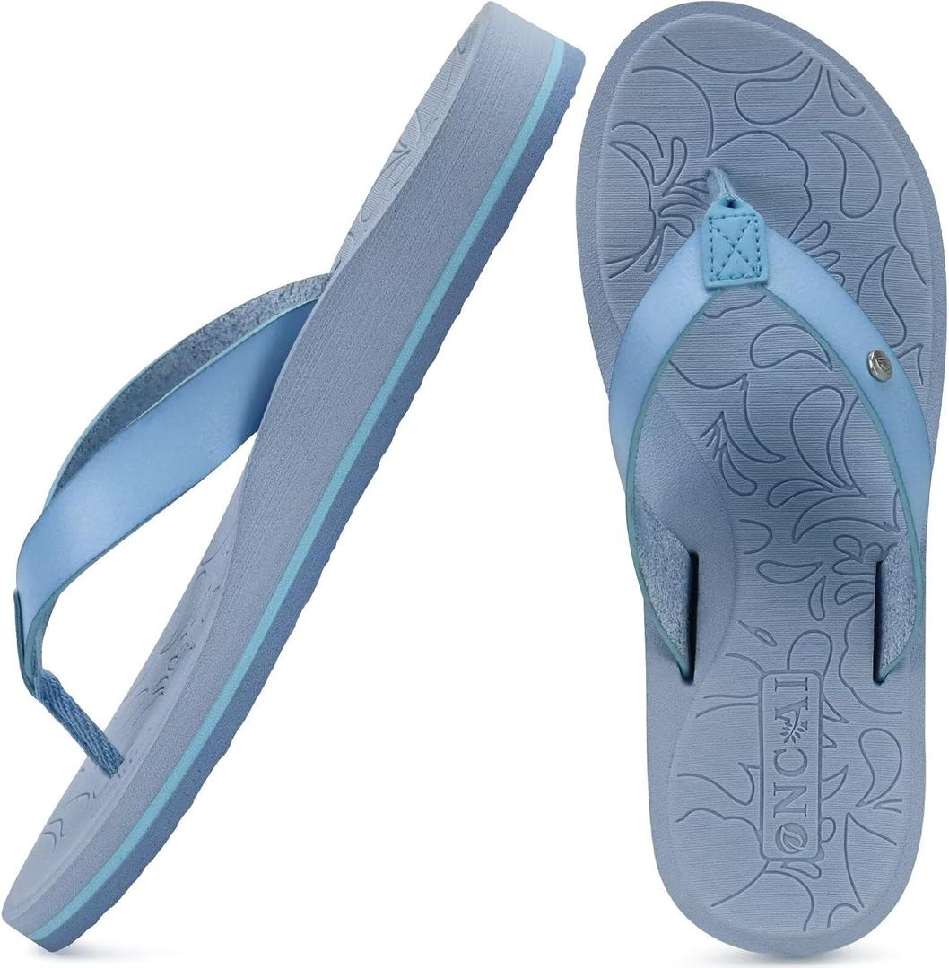 ONCAI Women's Flip Flops Comfortable Arch Support Yoga Mat Summer Beach Walking Thong Cushion Sandals Ladies Outdoor Vacation Essentials Slide Shoes Rubber Soles US Size 8.5 (Blue)