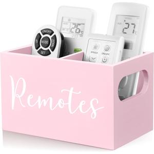 DRASTAR Remote Holder and Organizer - TV Remote Caddy for Table, Wooden Storage Organizer with Pink Accessories (2 Slots)