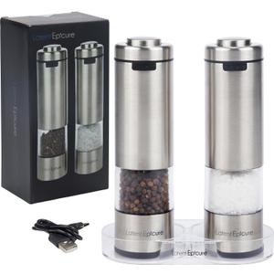 Latent Epicure Electric Salt & Pepper Grinder Set  USB-C Rechargeable Stainless-Steel Mills & Shakers with LED Light, Adjustable Ceramic Grinders & Acrylic Rest Tray