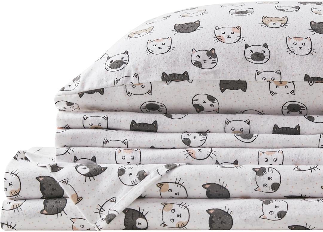 Comfort Spaces Cotton Flannel Sheets Twin Size, Ultra Soft Flannel Sheet Set with 12" Elastic Pocket , Novelty Print Warm Flannel Bedding, Grey/Pink Cats 3 Piece