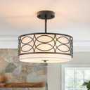 Semi Flush Mount Ceiling Light 3 Light Bedroom Ceiling Light Drum Light Fixture with Fabric Shade 15 Inch Black Farmhouse Dining Room Ceiling Light Metal Round Hallway Lighting Entryway
