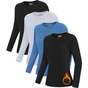 4 Pack Women's Thermal Long Sleeve Shirts Double-Sided Fleece Lined Base Layer Winter Basic Underwear Tops (A-2black/Grey/Blue)