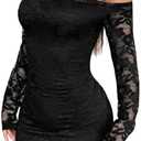 SISKIN Lace Mini Bodycon Dress Sexy Long Sleeve Hollow Out Y2K Off The Shoulder Mesh Going Out Birthday Dresses Women, Large