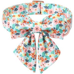 Babole Pet Floral Dog Collar with Bow Tie - Adjustable Blue Flower Lady Bow Collar Breathable Comfort Spring-Summer Dog Collars for Small Medium Large Dogs, L