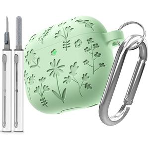 Pack Of 2 DamonLight Flora Engraved Case for AirPods 4 Cover Shock-Proof Protective Soft Silicone Case with Keychain for Apple Airpods 4th Generation 2024 Released (Grass Green)