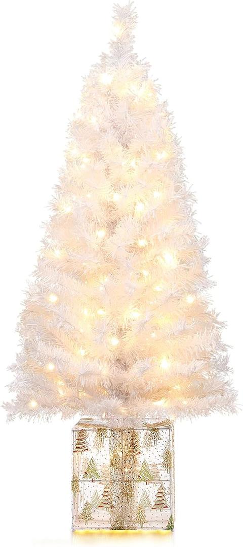 Brightever 4 FT Artificial Christmas Tree, Pre-lit Small Christmas Trees with Warm White String Lights & Unique Gold Gift Box Base, Plug in White Outdoor Xmas Trees for Front Door, Fireplace, Patio