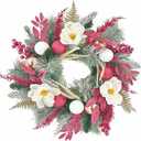 20 inch Pink Christmas Wreath for Front Door, Artificial Cedar with White Magnolia Flowers Paired with Pink Berry Balls,Used for Window, Wall, Porch, and Other Indoor and Outdoor Home Decorations