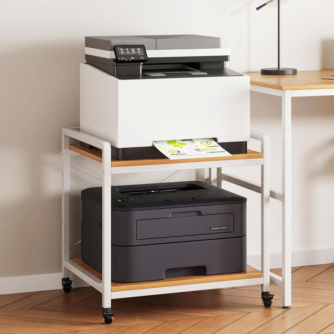 Large Under Desk Printer Stand, 2-Tier Printer Cart with Heavy-Duty Metal Wheels and Adjustable Shelf, 20 Inches Deep, Maple