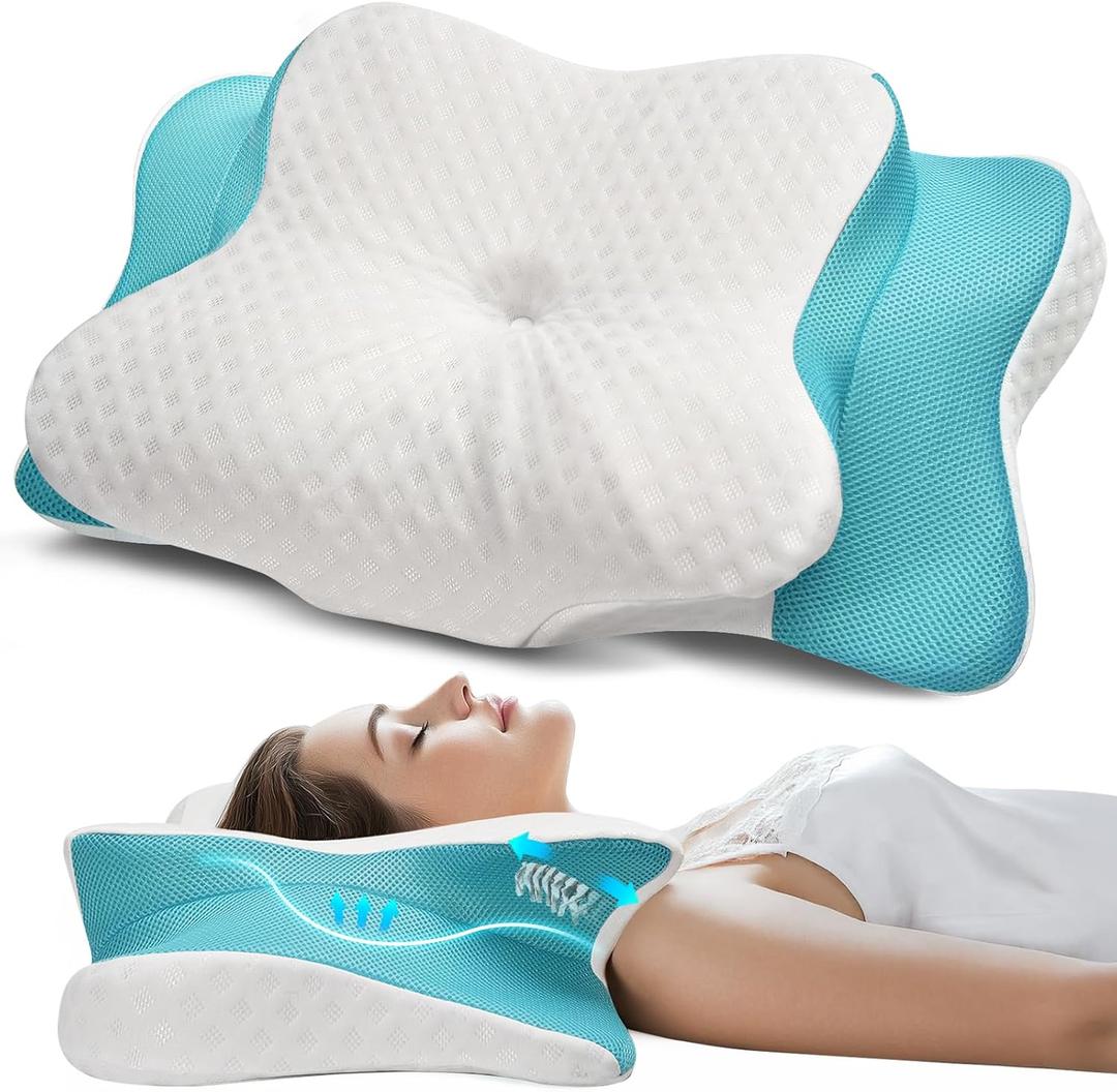 Cervical Pillow for Neck & Shoulder Pain Relief Sleeping - Ergonomic Contour Pillows - Memory Foam Pillow for Side, Back & Stomach Sleepers (Queen Size 25.5"Lx15.5"Wx5.5"H, White Blue)