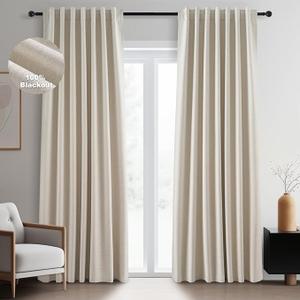 Topfinel Cream Ivory Blackout Curtains & Drapes, Beige Pinch Pleat Full Blackout Flax Linen Tab Top Soundproof Curtains with Hooks Rings for Bedroom Living Room Track 2 Panels Set, 4x7ft