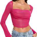 YYA Women Life Spark Crop Tops Ruched Long Sleeve Shirts Fitted Outfits Blouses S-XXL (Pink, XL)