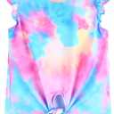 JESKIDS Girls Short Sleeve Shirts Ruffle Tie Front Unicorn/Tie Dye Print Summer Tee Tank Tops 3-11 Years (Blue)