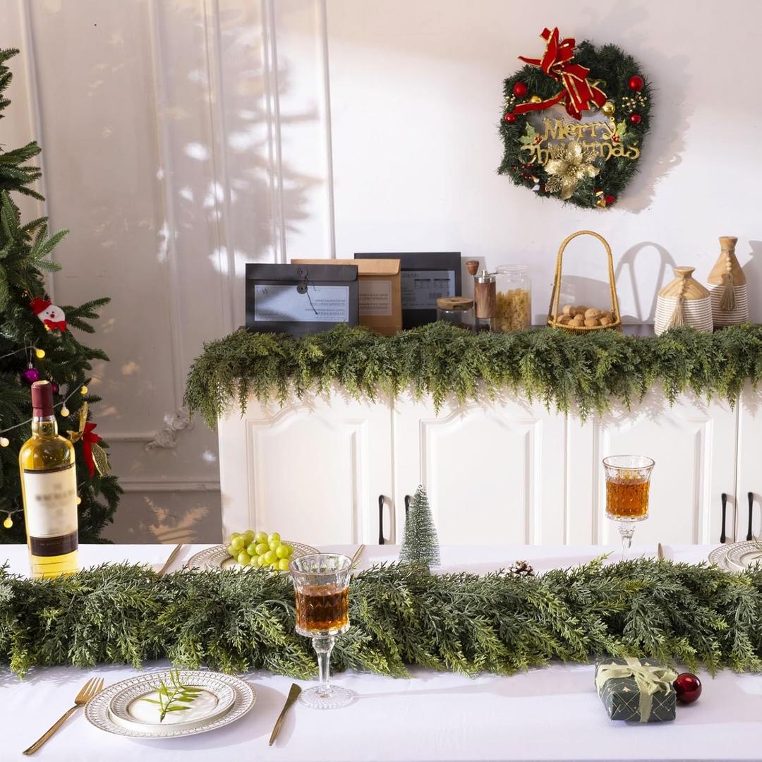 2 Pcs 6FT Christmas Cedar Garland - Thick & Lush Realistic Artificial Green Faux Cedar Pine Needles Garland for Christmas Winter Home Mantel Fireplace Holiday Party Decor