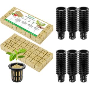 VIVOSUN 72 Rockwool Cubes & Net Pots Set for Hydroponics, 1.2 x 1.2 x 1.6 Cubes, 72 Plugs & 72 2 Net Cups for Hydroponic Growing, Seed-Starting, Cloning, Tower Gardens