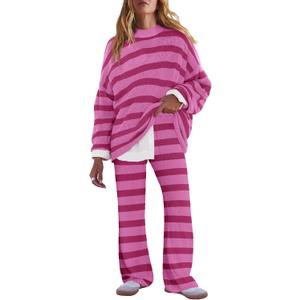 LAMISSCHE Oversized Womens Lounge Set Striped Sweater Set Long Sleeve 2 Piece Pajama Set Top and Pants with Pockets (Small, Hot Pink)