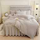 mixinni Vintage Ruffle Tan Gingham Comforter Set 3-Piece Washed Cotton Queen Beige Grid Bedding Set with Taupe Geometric Checkered Pattern, Farmhouse Chic Soft Fluffy Comforter for All-Season