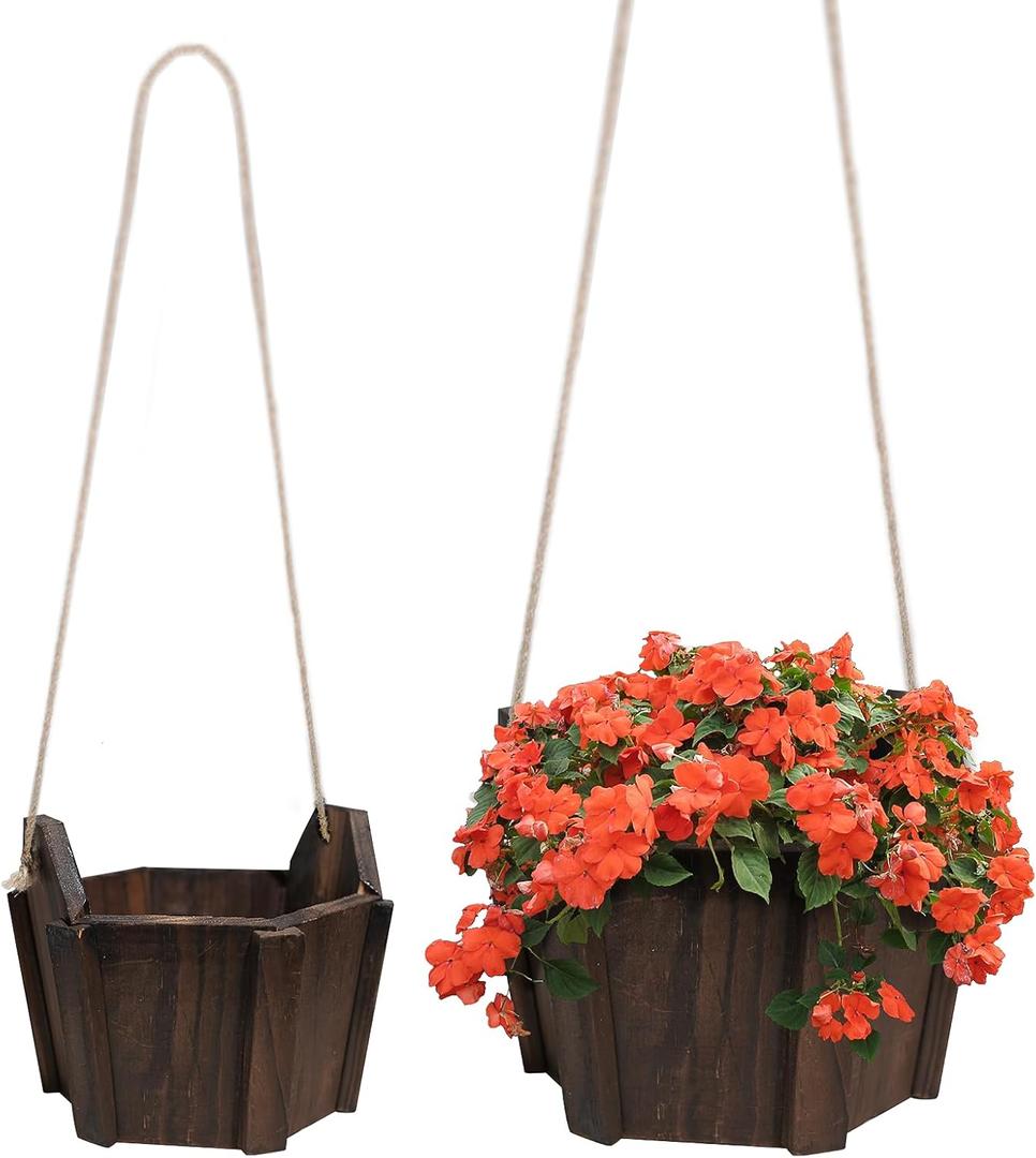 LIQING Hanging Planters for Outdoor Plants & Indoor Use  Gift for Moms, Plant Lovers, Housewarming | Thickened Wood Hanging Baskets for Plants, Adjustable Boho Planter with Flat Base (XL)