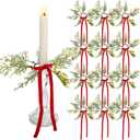 12 Pcs Christmas Pine Taper Candle Rings Wreaths with Velvet Bow Ribbon 1.38 Inch Mini Taper Candle Holder Decorations for Xmas Holiday Church Home Table Centerpiece Candlesticks (Burgundy)