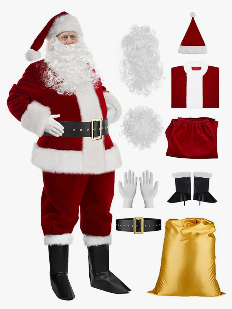 Santa Claus Costume for Men 9PCS, Christmas Santa Costume Adult Deluxe Santa Suit Professional Santa Outfit, Large