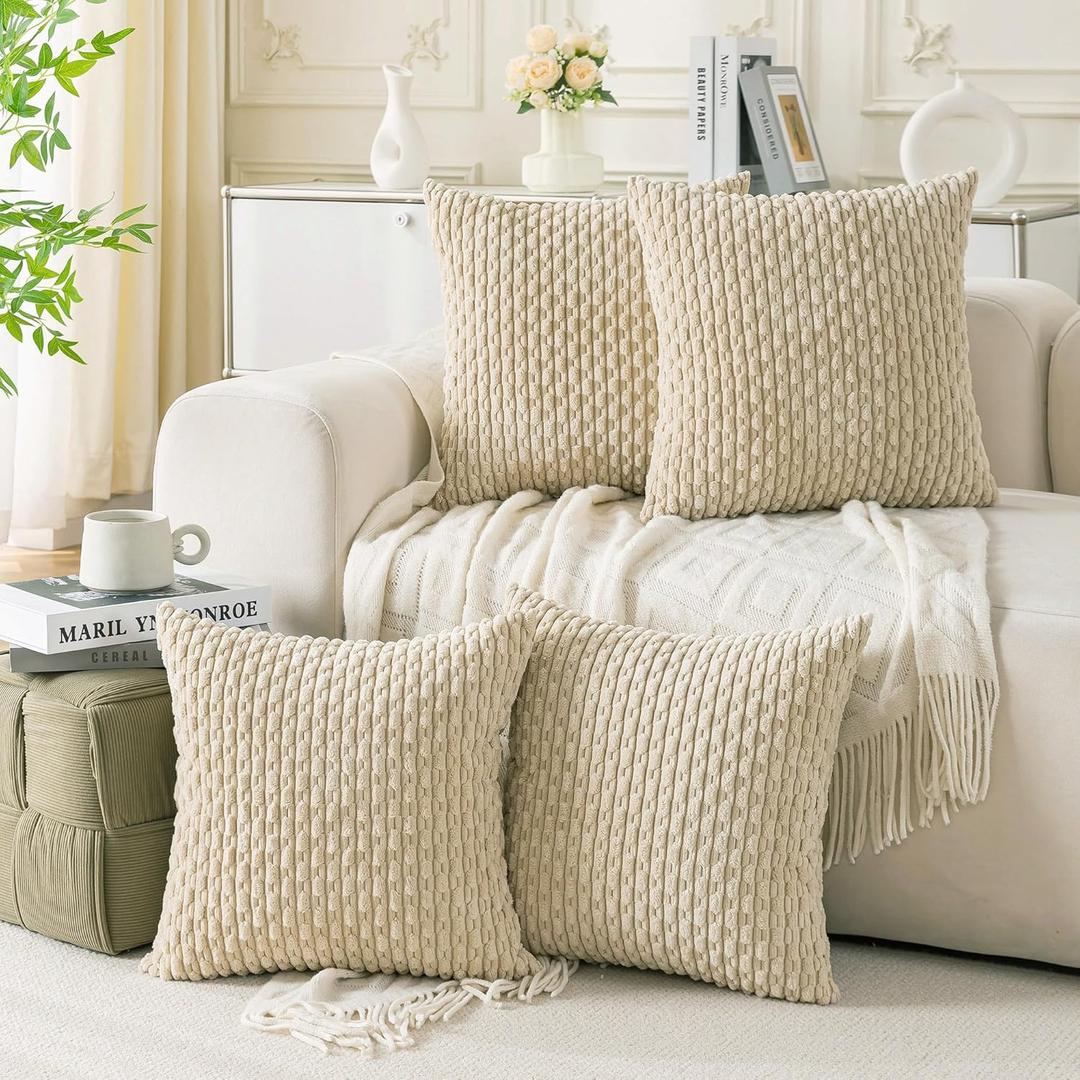 Set of 4 Beige Decorative Throw Pillow Covers 18x18 Inch Corduroy Pillow Covers for Bed Couch Sofa Living Room Soft Square Cushion Cases