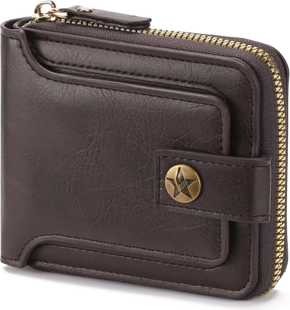 Wallet Men Leather Bifold Wallets For - Flap ID Window Zip Coin Pocket Mensr Wallets - Big Capacity Credit Card Travel Wallet (Coffee)