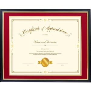 16x20 Diploma Frame for 14x17 Certificate/Document/Picture with Double Mat(Black and Red),Wood Degree Frame, Black with Gold Side,UV Protection Acrylic,Wall hanging
