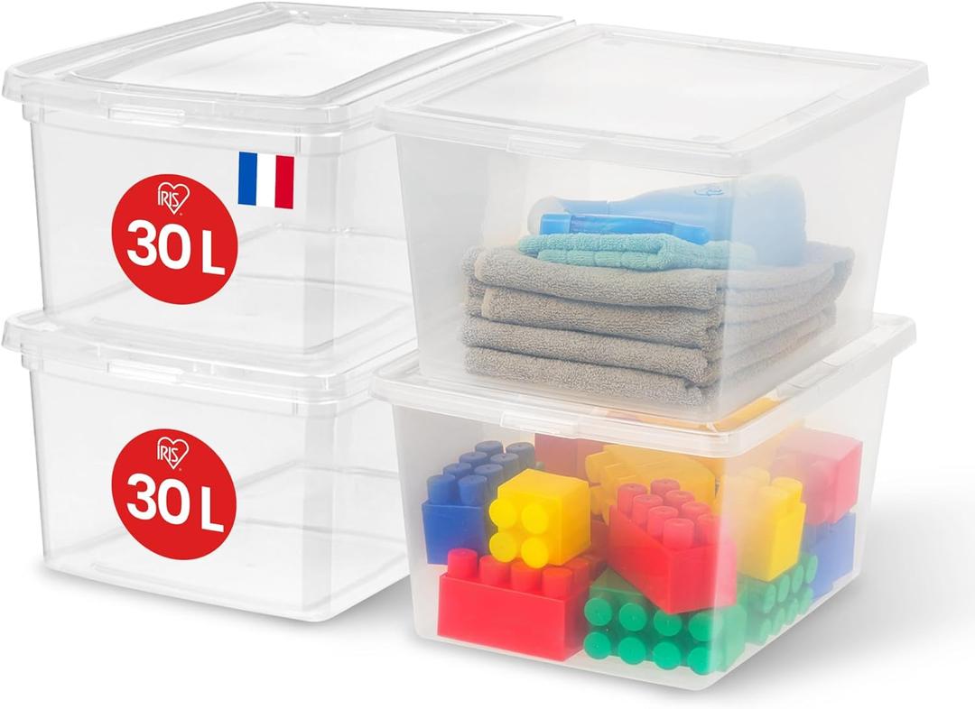 CNL-30E Multi-Use Plastic Storage Box, 30L, Pack of 4, Clear, Easy Close, Stackable, for Bedroom, Kitchen, Office, Bathroom, Clothing, Toy, BPA Free, CNL-30E