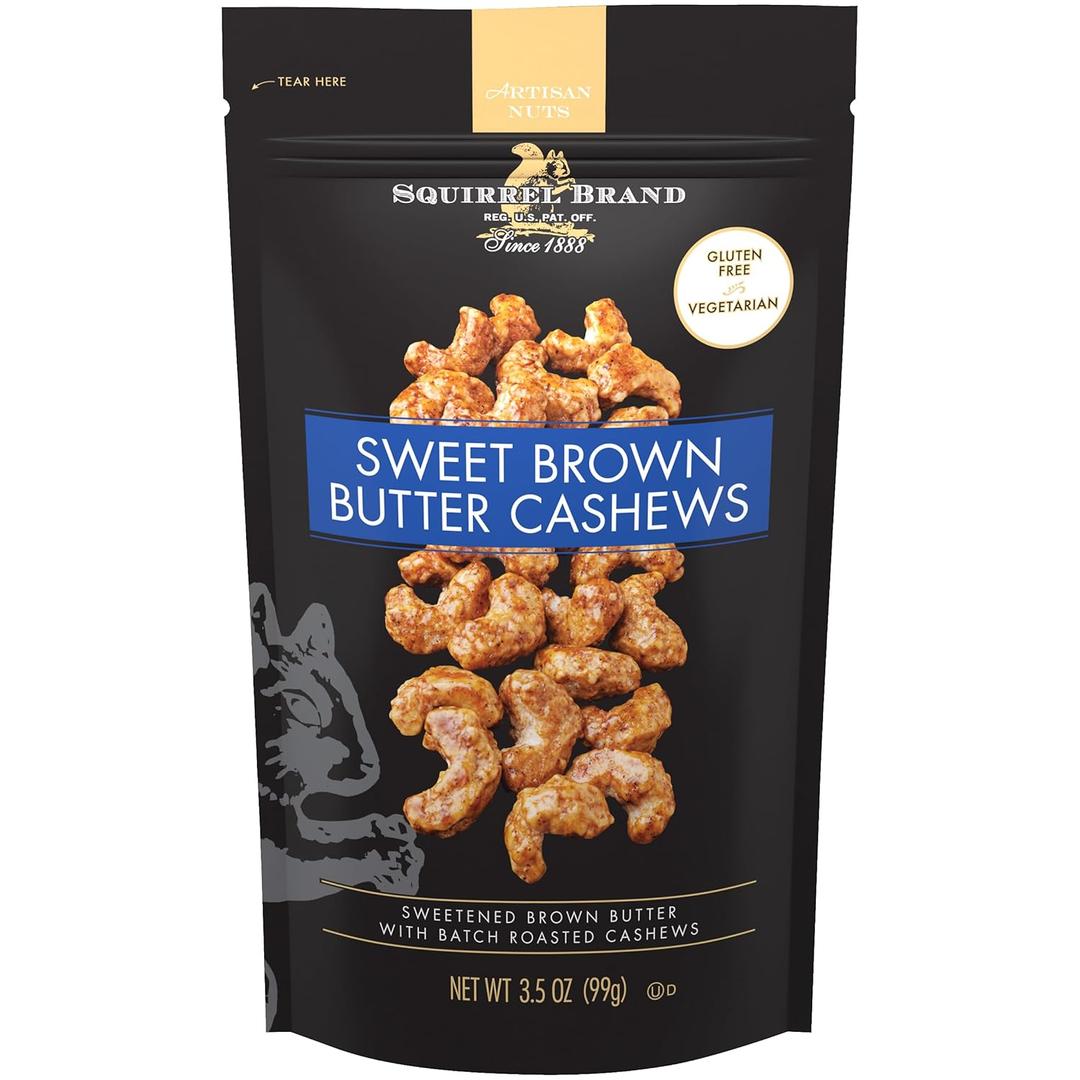 Squirrel Brand Sweet Brown Butter Cashews, 3.5 oz Resealable Bag, Gourmet Flavored Cashews Nuts, Gluten Free, Vegetarian (EXP 04/14/26)