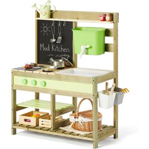 Giant bean Mud Kitchen for Kids Outdoor, Wooden Kitchen Playset with 4.8L Large Water Tank Sink, Sand and Water Table Toy with Pots, Pans & Kitchen Accessories, Pretend Playset for Boys Girls 3+