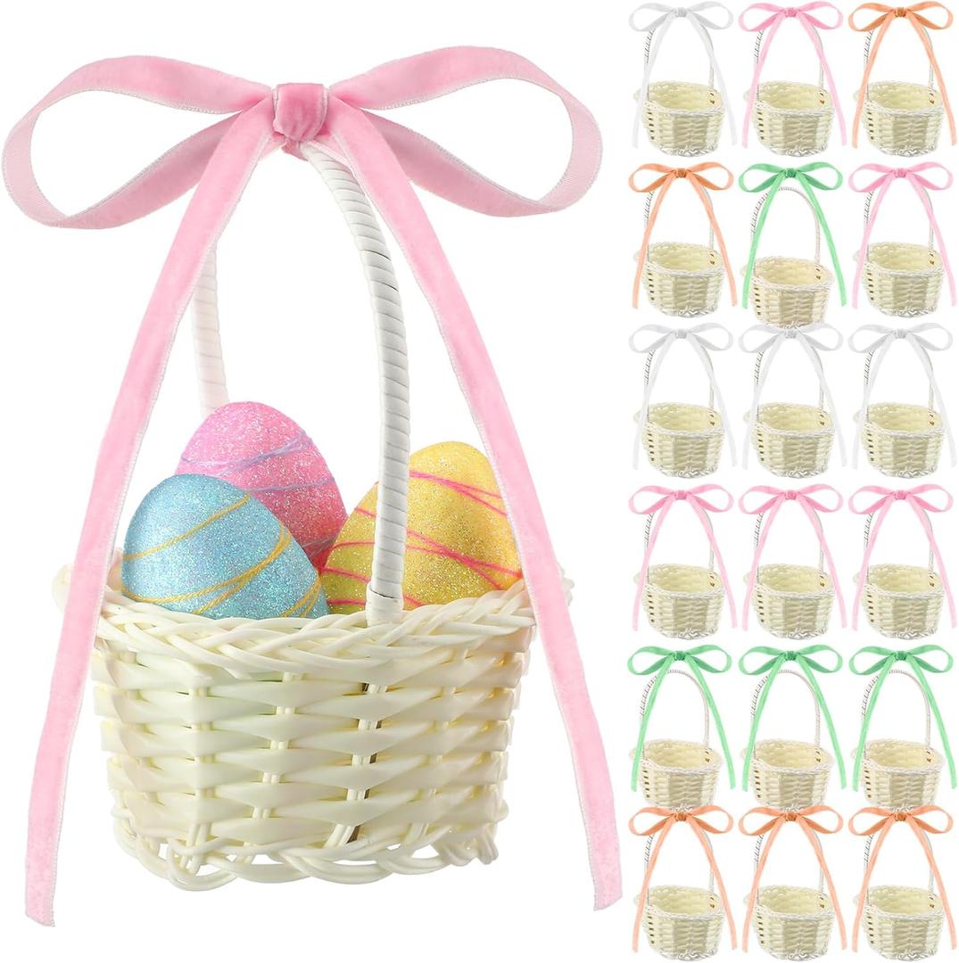 Weysat 18pcs Velvet Bow Mini Easter Baskets with Handles pastel Easter Party Favor Supplies Mini Woven Rattan Flower Baskets with Colorful Ribbon for Tiny Party Favors, Arts with DIY Crafts