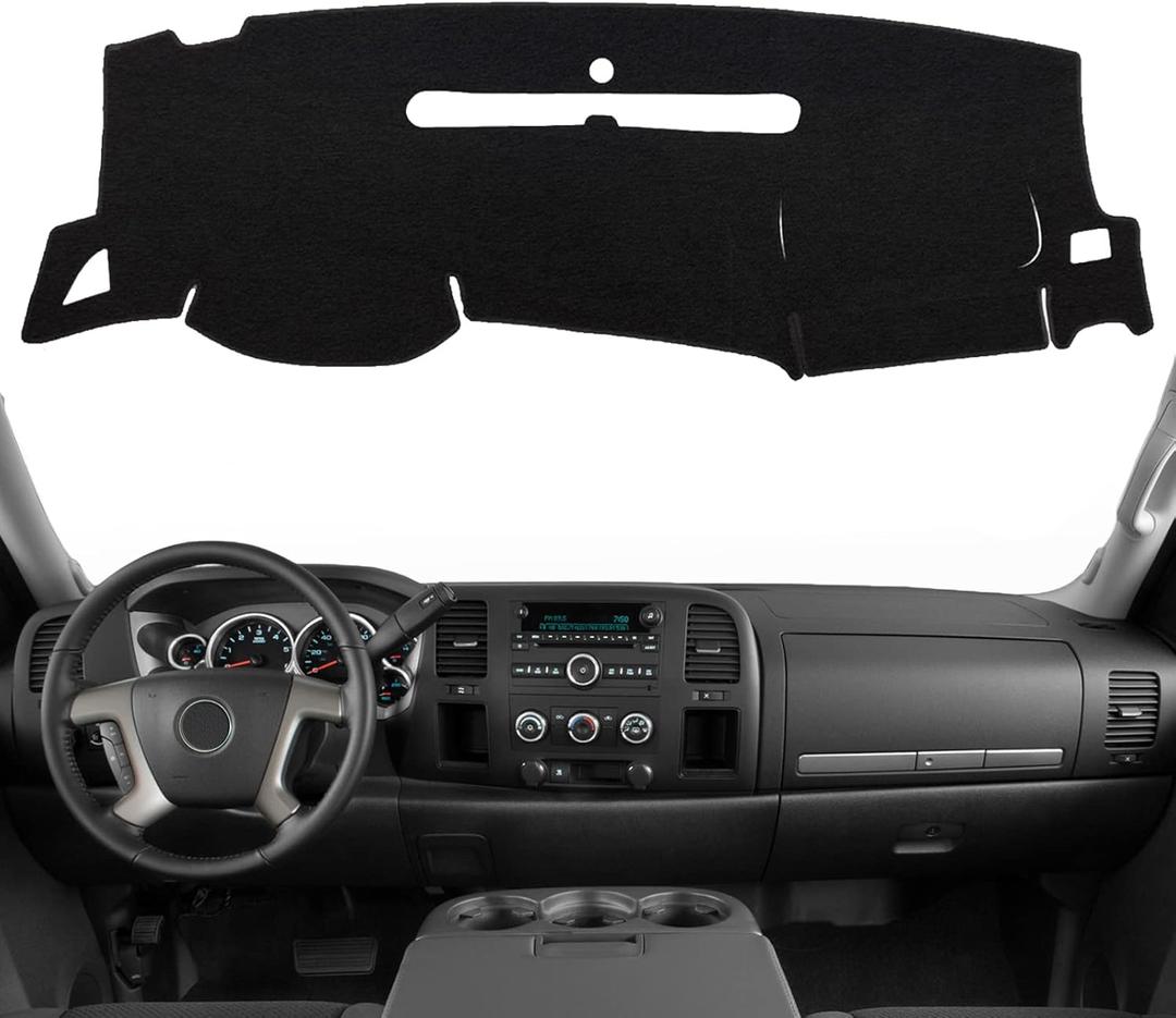 POSAID Dashboard Dash Cover Carpet for Chevy Silverado 2007-2013 and GMC Sierra 07-13 with Two Glove Boxes Car Dash Cover Mat Black