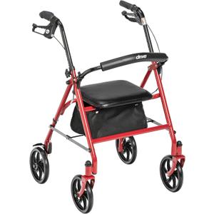 Drive Medical Rollator Walker with Seat - Stable Mobility Support - Height Adjustable - Durable Steel Frame Construction - Smooth 7.5" Wheels - Foldable Frame - 350 Lb Limit - Red