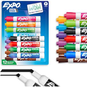 EXPO Dry Erase Markers, Low Odor Ink, Assorted Colors, Chisel Tip, 12 Count - Easily Erases, Vibrant Ink, Ideal for Classroom, Back to School Supplies, Teachers, Office, Whiteboard & Home