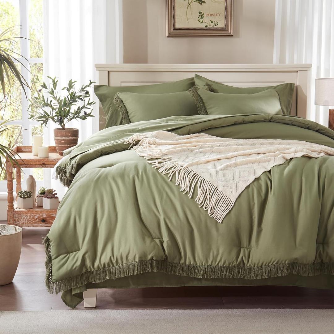 Anluoer Queen Comforter Set - Olive Green Tassel Boho Bed in a Bag 7 Piece with Lightweight Soft Fringe Bedding Sets with 1 Comforter, 2 PillowShams, 2 Pillowcases, 1 Flat Sheet, 1 Fitted Sheet