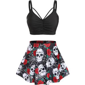 Rosegal Women Plus Size Gothic Tankini Swimsuit Rose Skulls Printed Ruched Two Piece Bathing Suits (Black), Size: Medium Plus