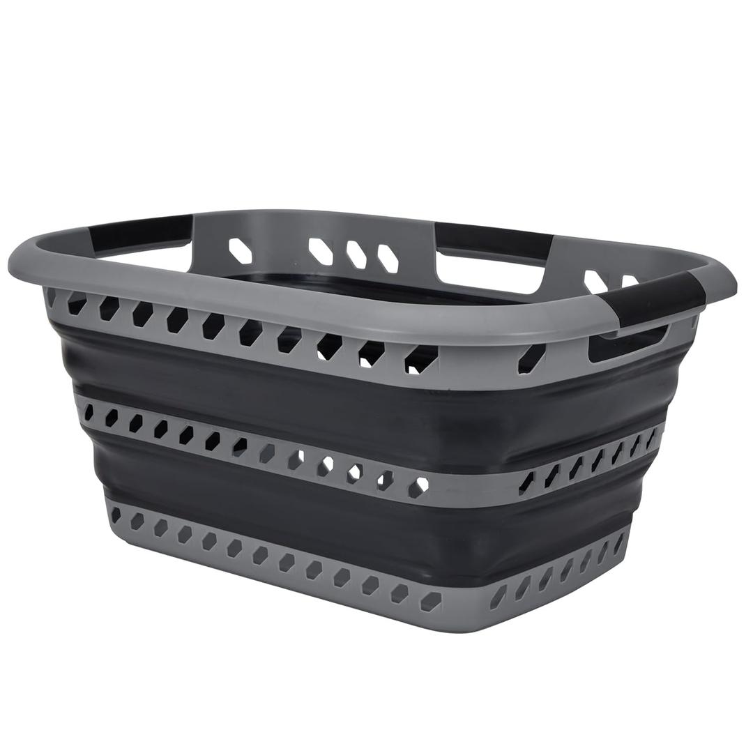 Collapsible Laundry Basket | Portable | Space Saver Storage | Hold 2 Loads | Store Under the Bed or Closet | Good for Kids | Dorm | Bedroom | Large | Grey/Black (1 Pack Grey)
