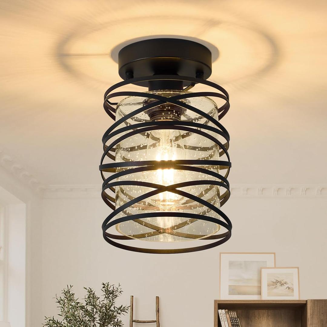 Semi Flush Mount Ceiling Light Fixture, 1-Light Spiral Cage Hallway Light Fixture Handblown Clear Seeded Glass Kitchen Lights Rustic Vintage Ceiling for Entryway Porch Foyer