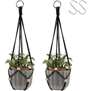 Artilady Black Hanging Planter for Indoor Plants Macrame Plant Hanger Large Hanging Plant Holder Basket with Adjustable Beads Outdoor Window Boho Plant Wall Decor