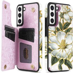 NNH Compatible with Samsung Galaxy S22 Plus Wallet Case with RFID Blocking Card Slots Folio Flip PU Leather Kickstand Double Magnetic Clasp Design Cover for Galaxy S22+(6.6 inch-Magnolia Flowers)